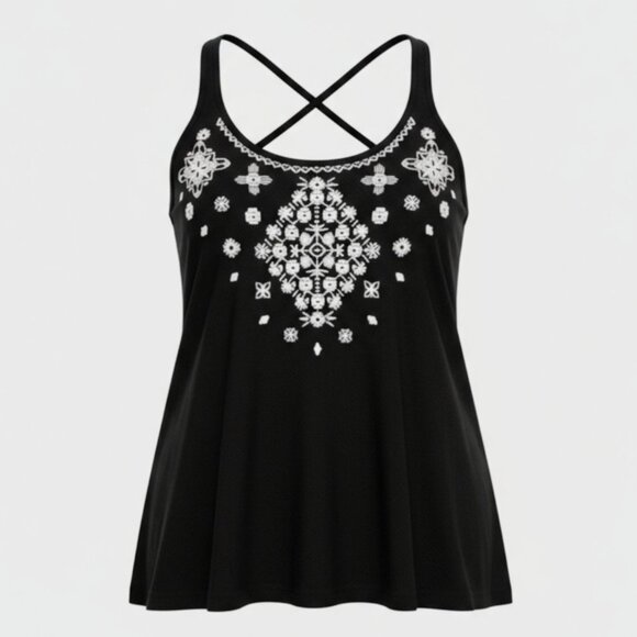 Aeropostale ✦ Black Embroidered Tank Top M ✦ Crisscross Back Sleeveless Casual - Picture 2 of 9